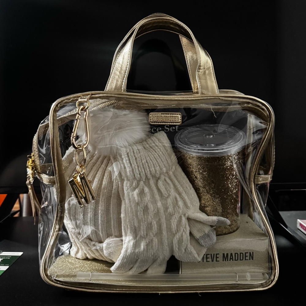 steve madden clear/gold tote bag & 5 piece set